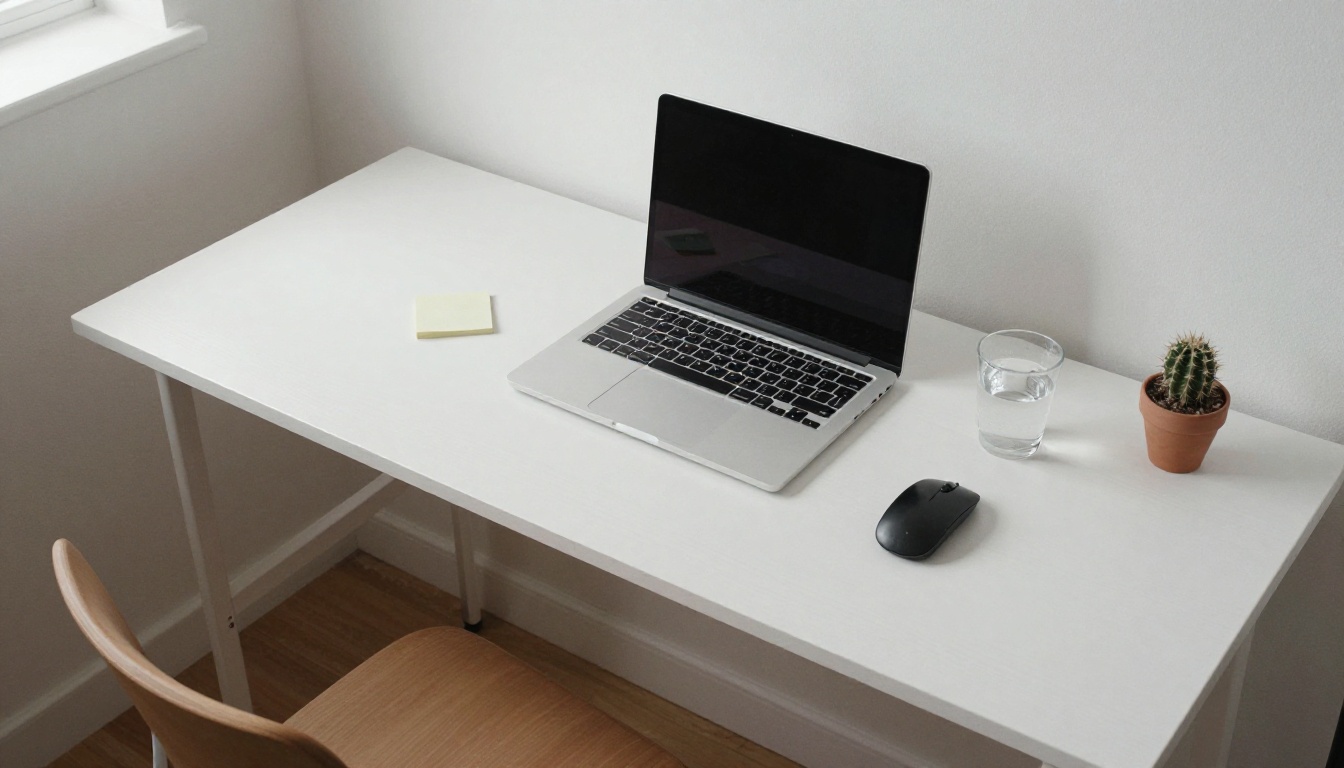 Minimalist overhead desk view with laptop, small cactus, and sticky notes in morning light Minimalist overhead desk view with laptop, small cactus, and sticky notes in morning light