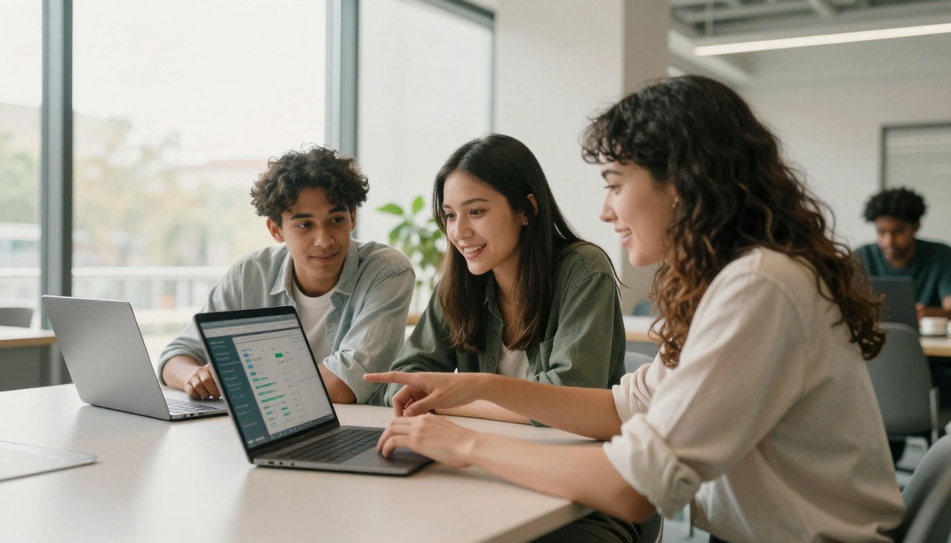 Three diverse young people collaborating with AI language tools at co-working space