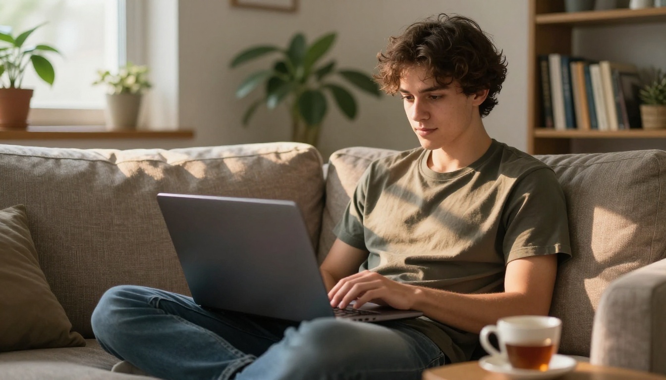 Young man working on laptop from a comfortable sofa in a cozy living room Young man working on laptop from a comfortable sofa in a cozy living room