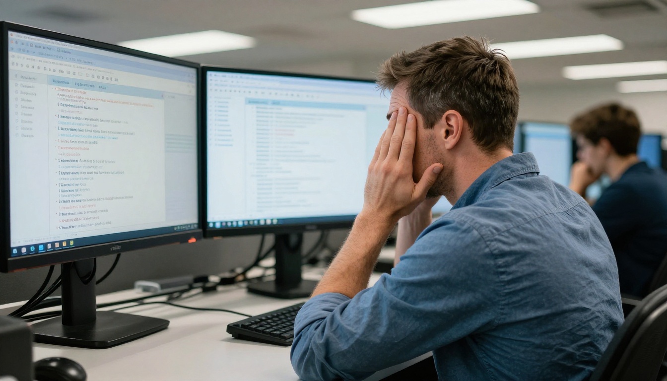 A man overwhelmed by three email-filled monitors at his standing desk