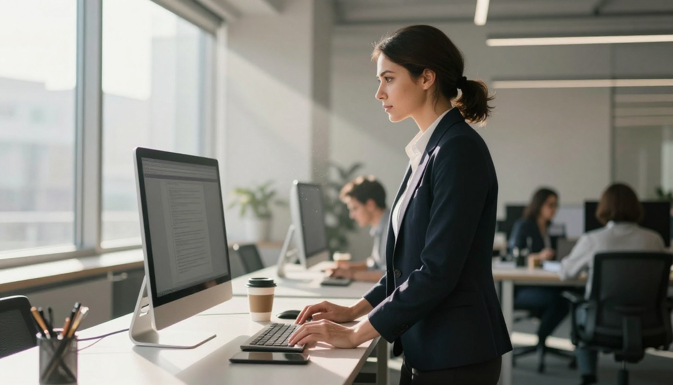 Businesswoman at standing desk in modern open-plan office with dramatic side lighting Businesswoman at standing desk in modern open-plan office with dramatic side lighting