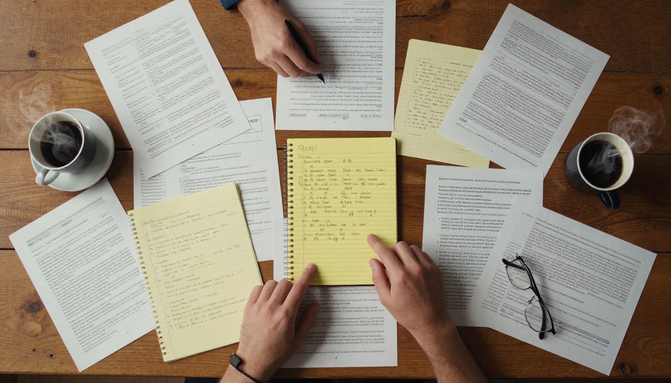 Aerial view of a conference table covered in printed email chains and handwritten notes