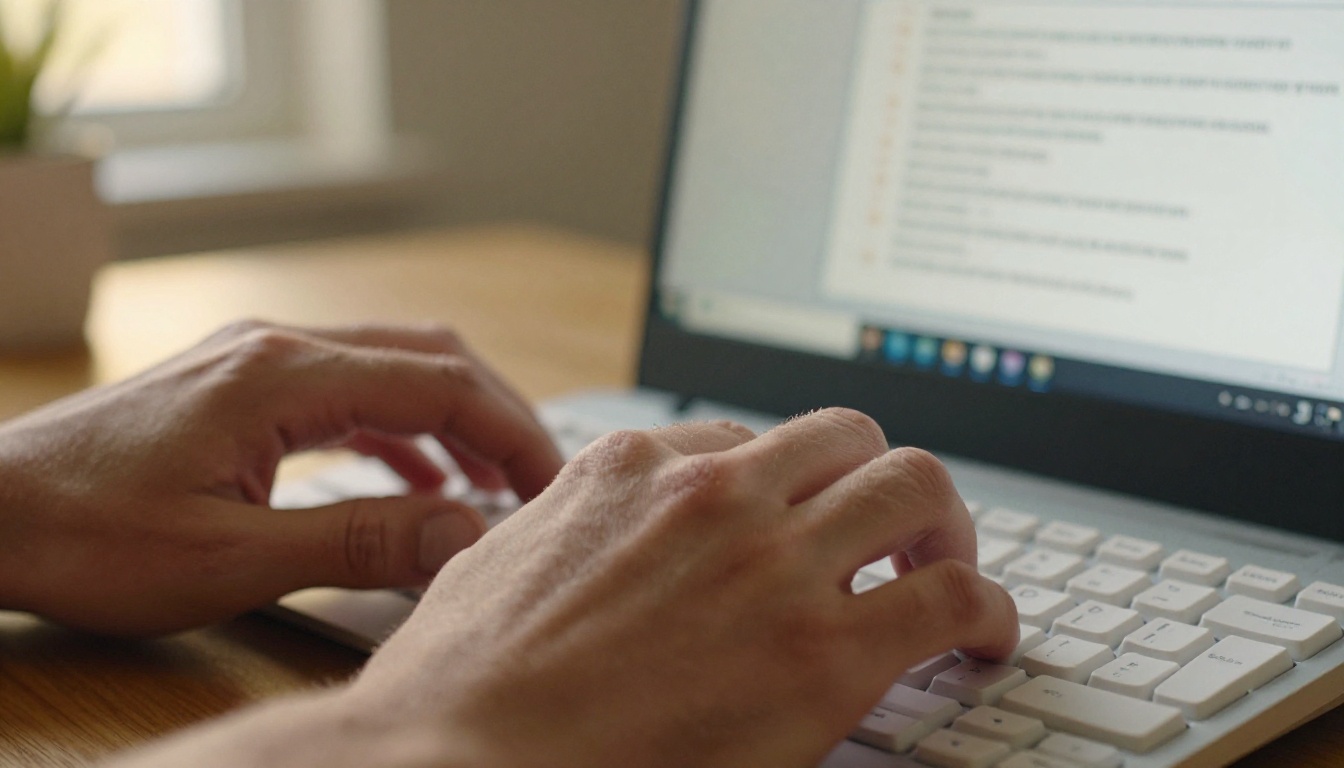 Hands typing on a white mechanical keyboard with an AI chat interface visible on the monitor behind, warm afternoon light