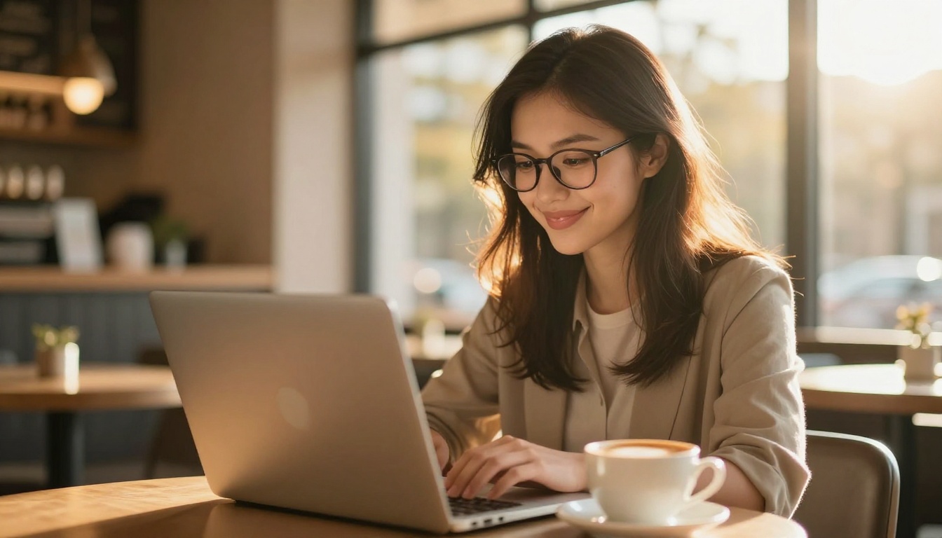 A woman smiling with relief at her laptop screen at a bright café table, warm afternoon light