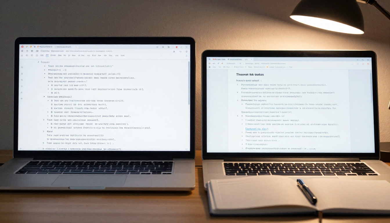 Two laptop screens side by side, left showing a cluttered email thread, right showing a clean bullet-pointed summary document