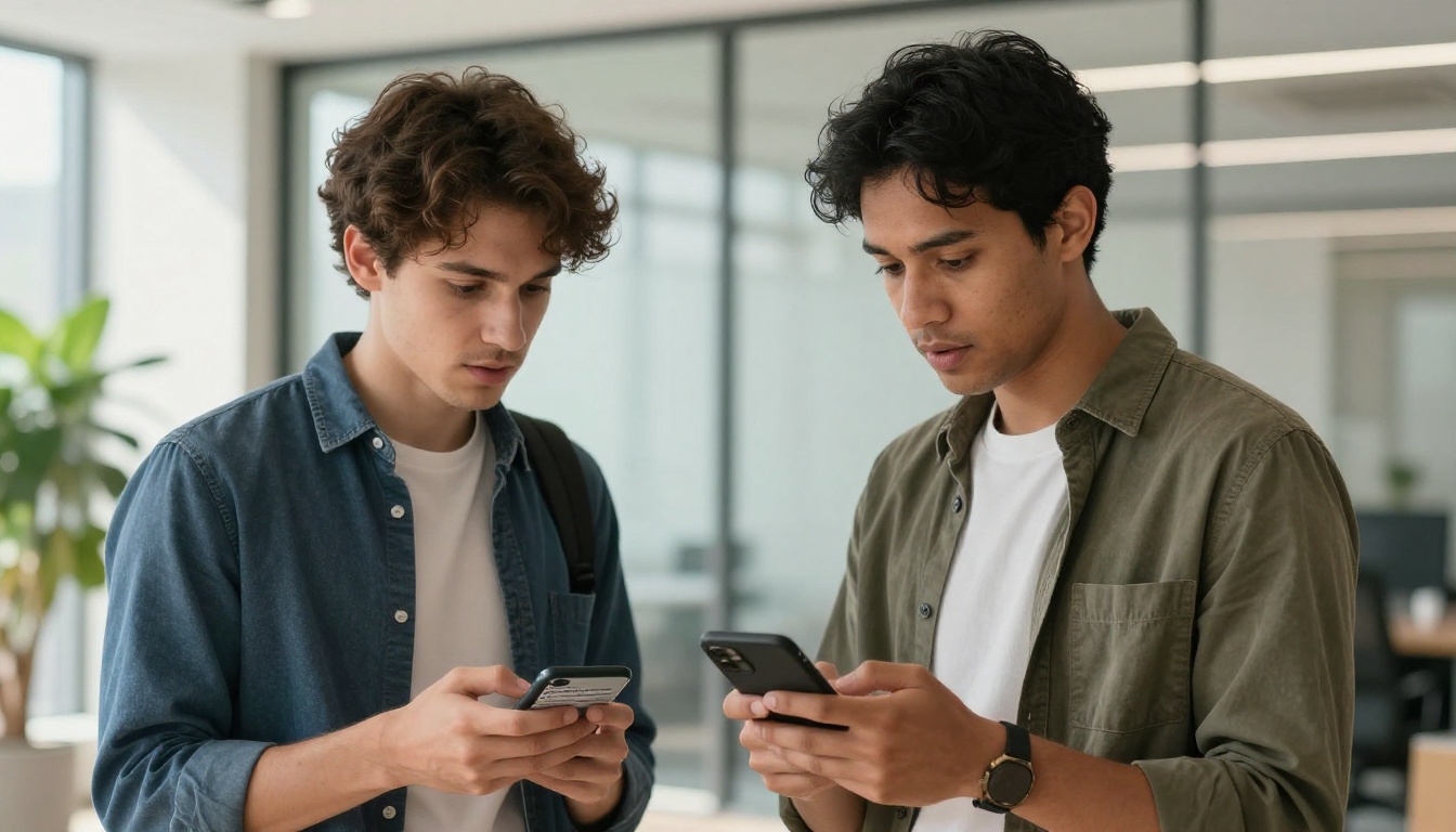 Two colleagues in a bright office hallway looking at a smartphone showing a short text summary