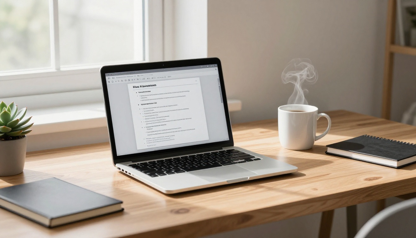A minimalist home office desk with a single laptop showing a neat AI-generated summary, a ceramic coffee mug, and a small succulent plant in soft morning light