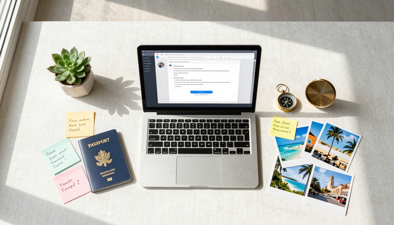 Aerial view of travel planning workspace with passport and maps