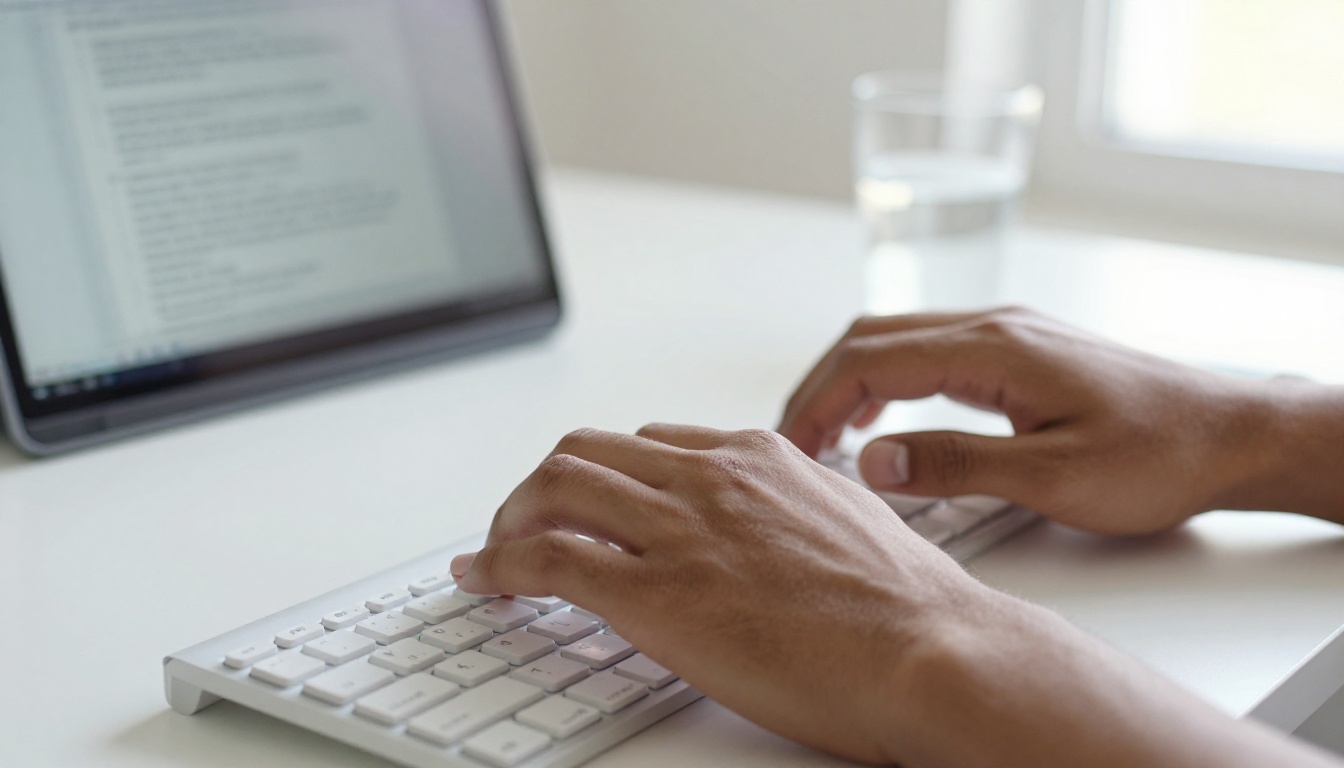 Professional woman drafting her resume at a minimalist home office desk with morning light