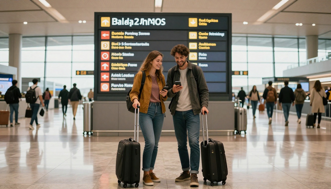 Couple smiling at airport departure board with rolling suitcases