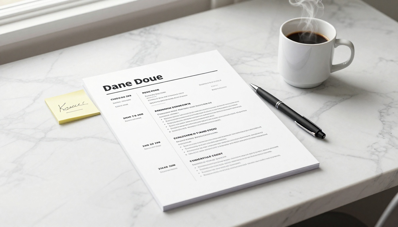 Printed resume with annotations on a white marble desk surface