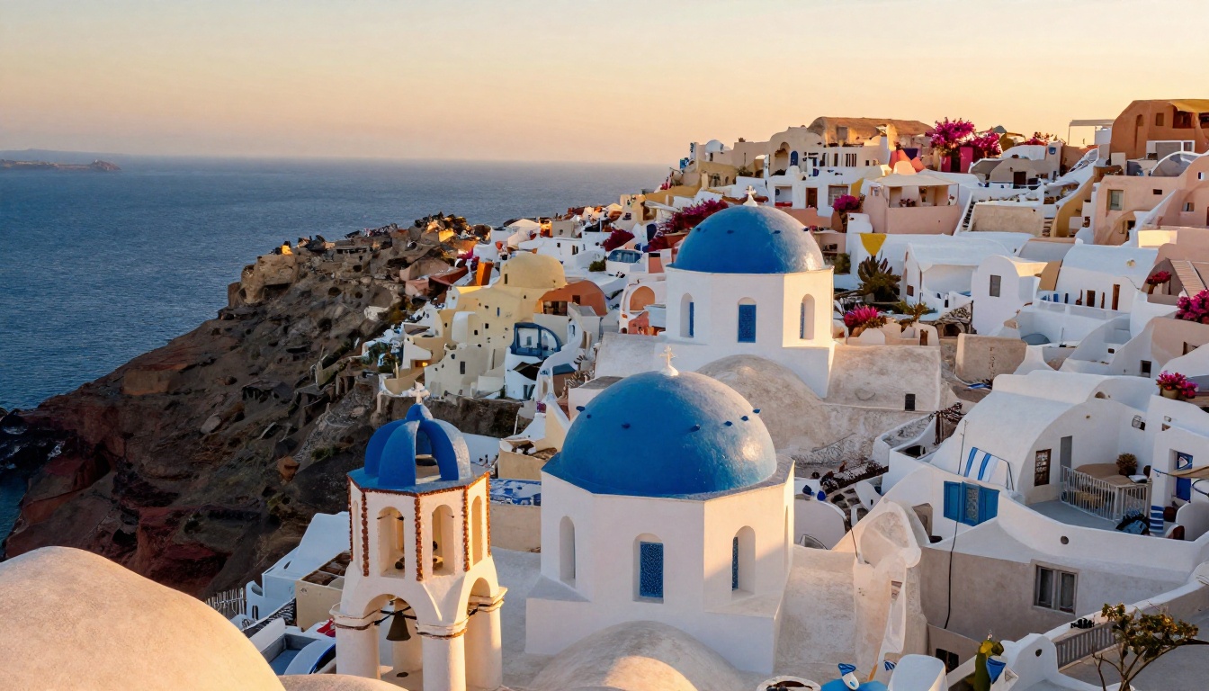 Aerial view of Santorini Greece white buildings and blue domes at golden hour