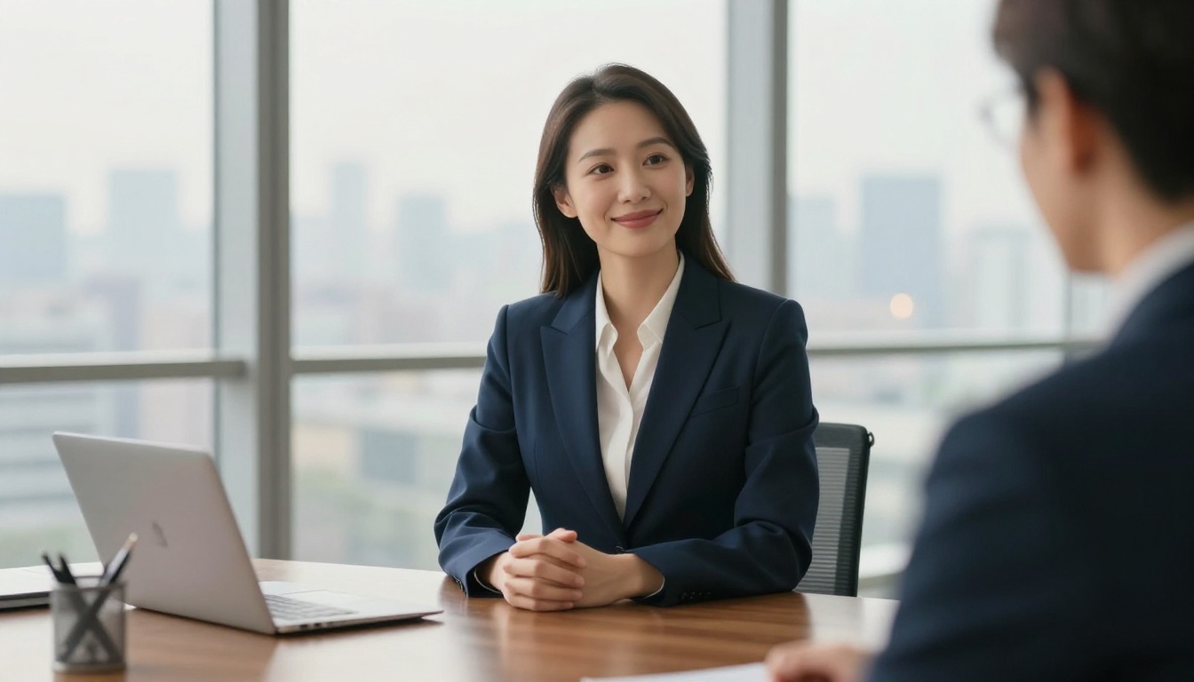 Professional woman smiling confidently in a job interview across a polished wooden desk