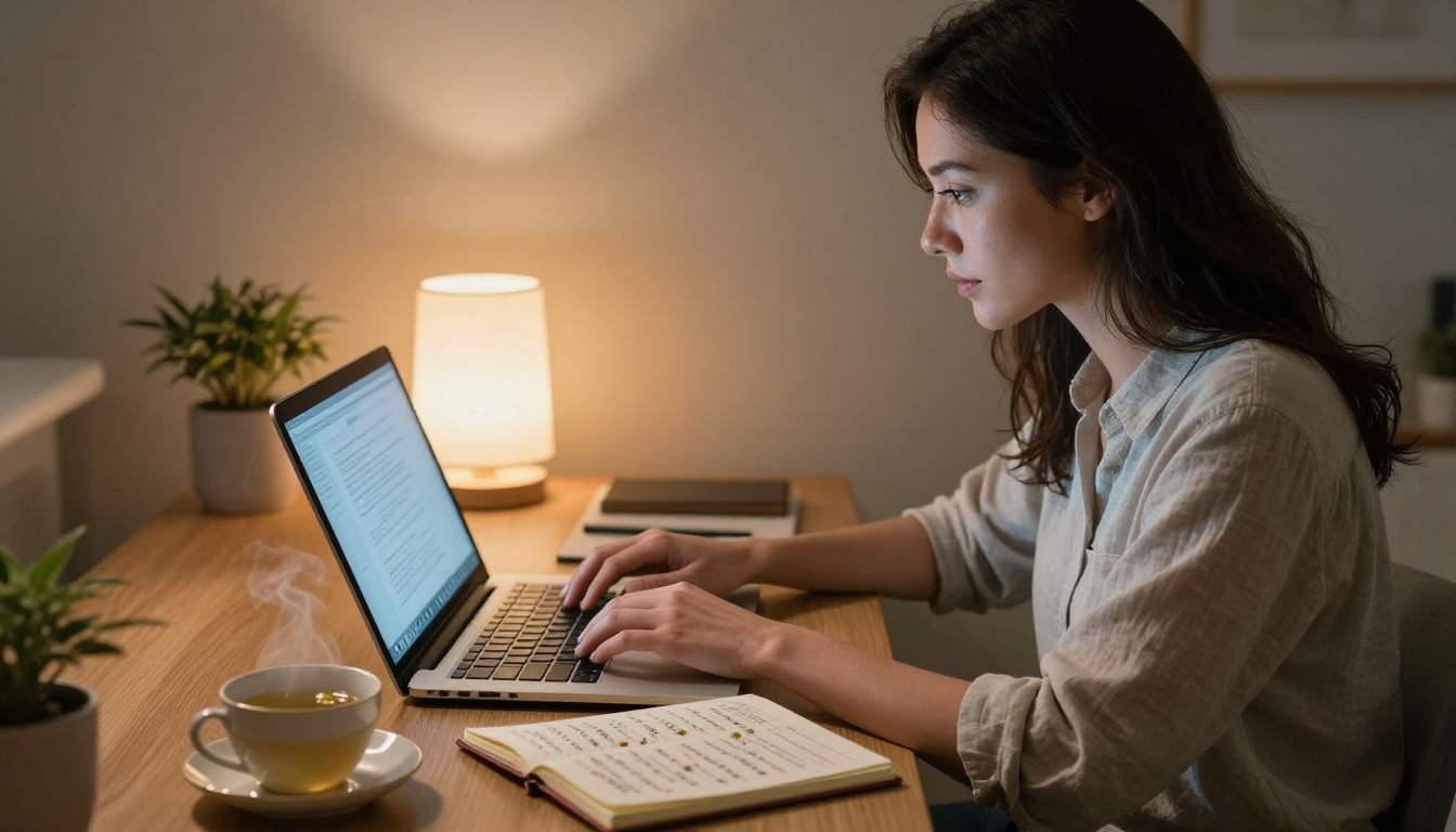 Woman planning trip on laptop at night with handwritten notes