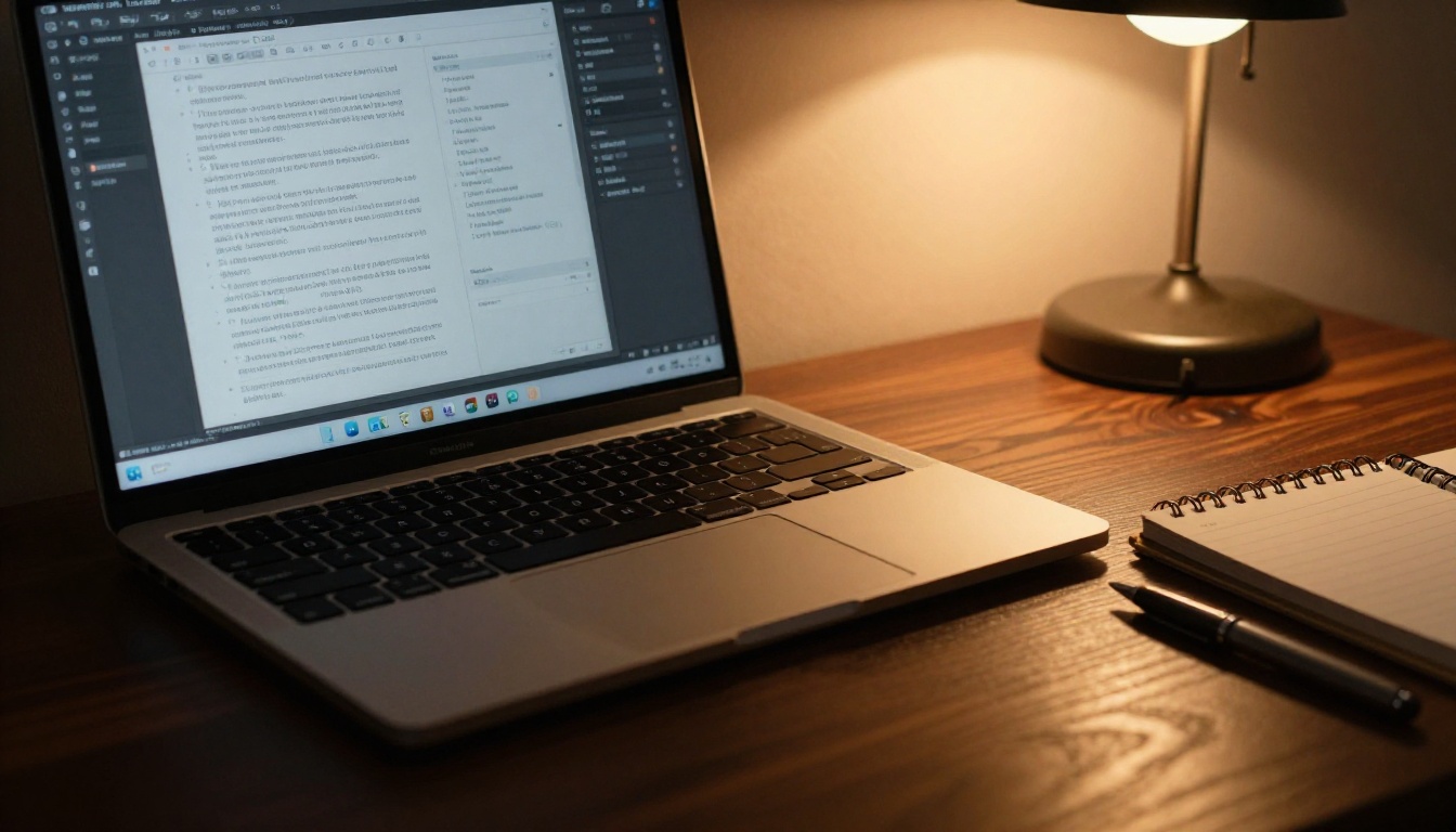Laptop screen glowing in a dim home office at night showing a text editor
