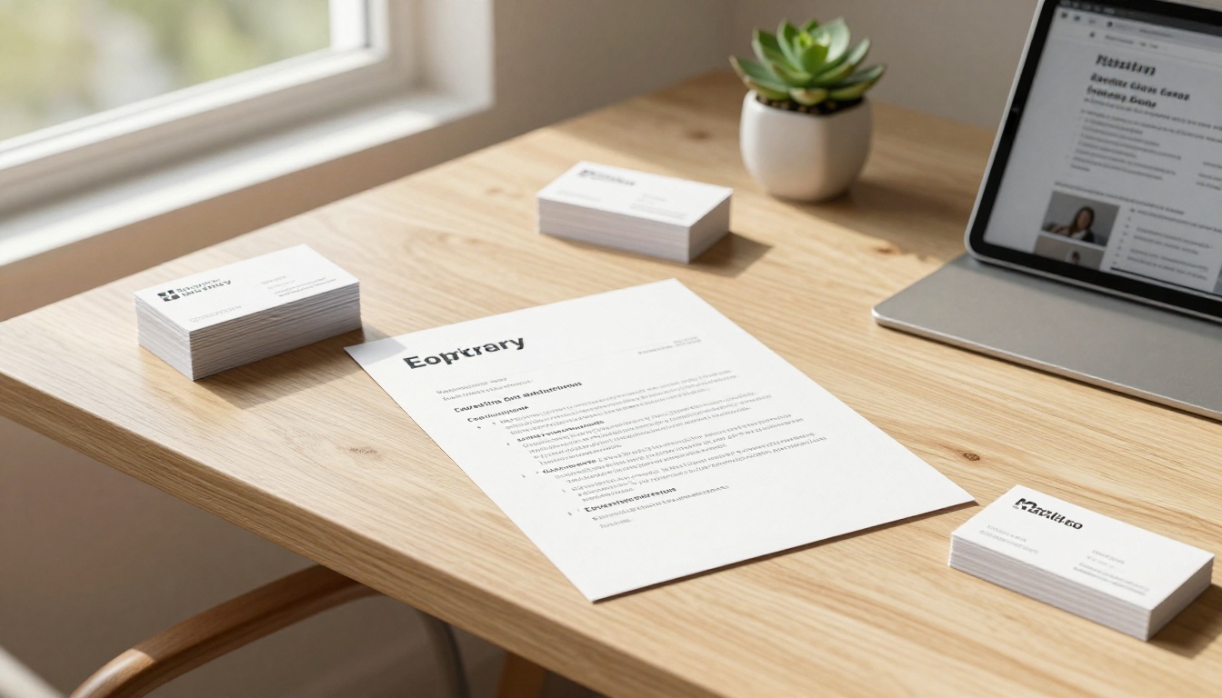 Minimalist desk with resume, cover letter, business cards and tablet showing job listings