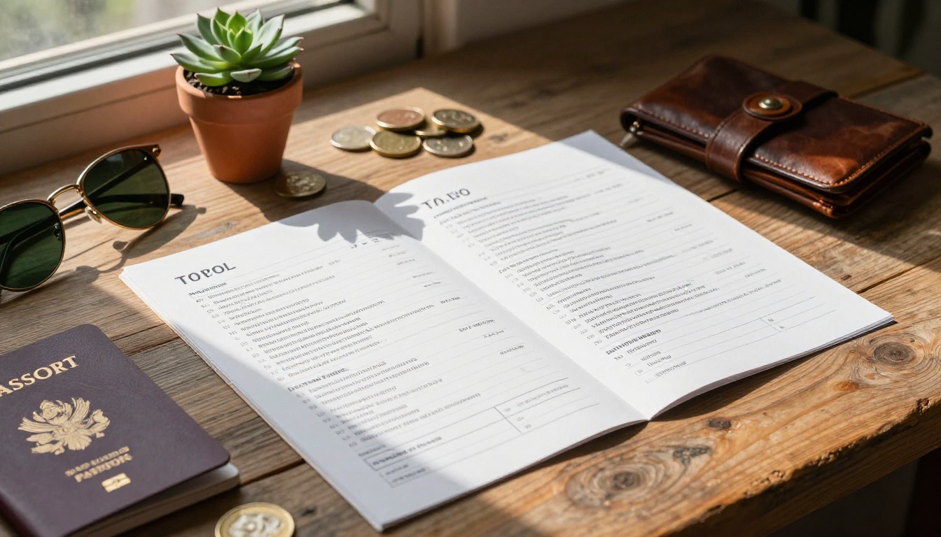 Printed travel itinerary with passport coins and accessories on wooden table
