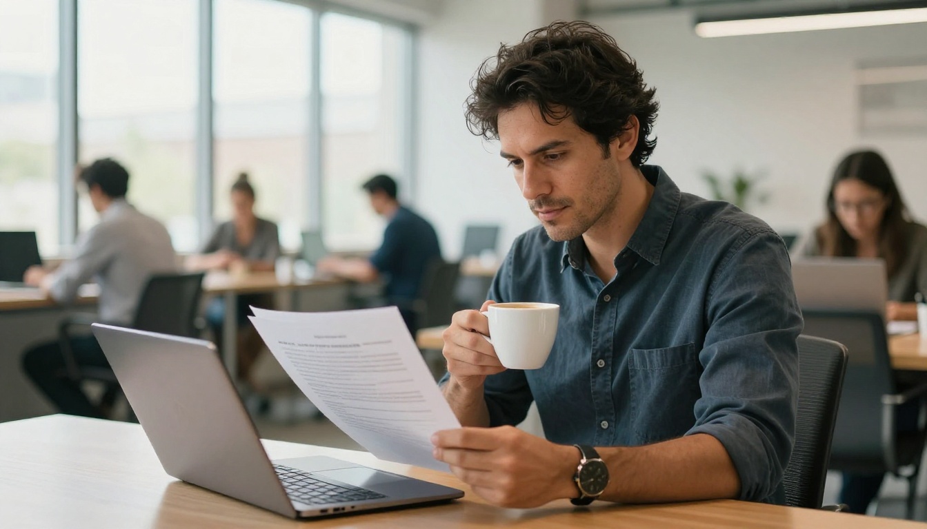 Professional man reviewing a printed resume at a modern coworking space with a coffee cup