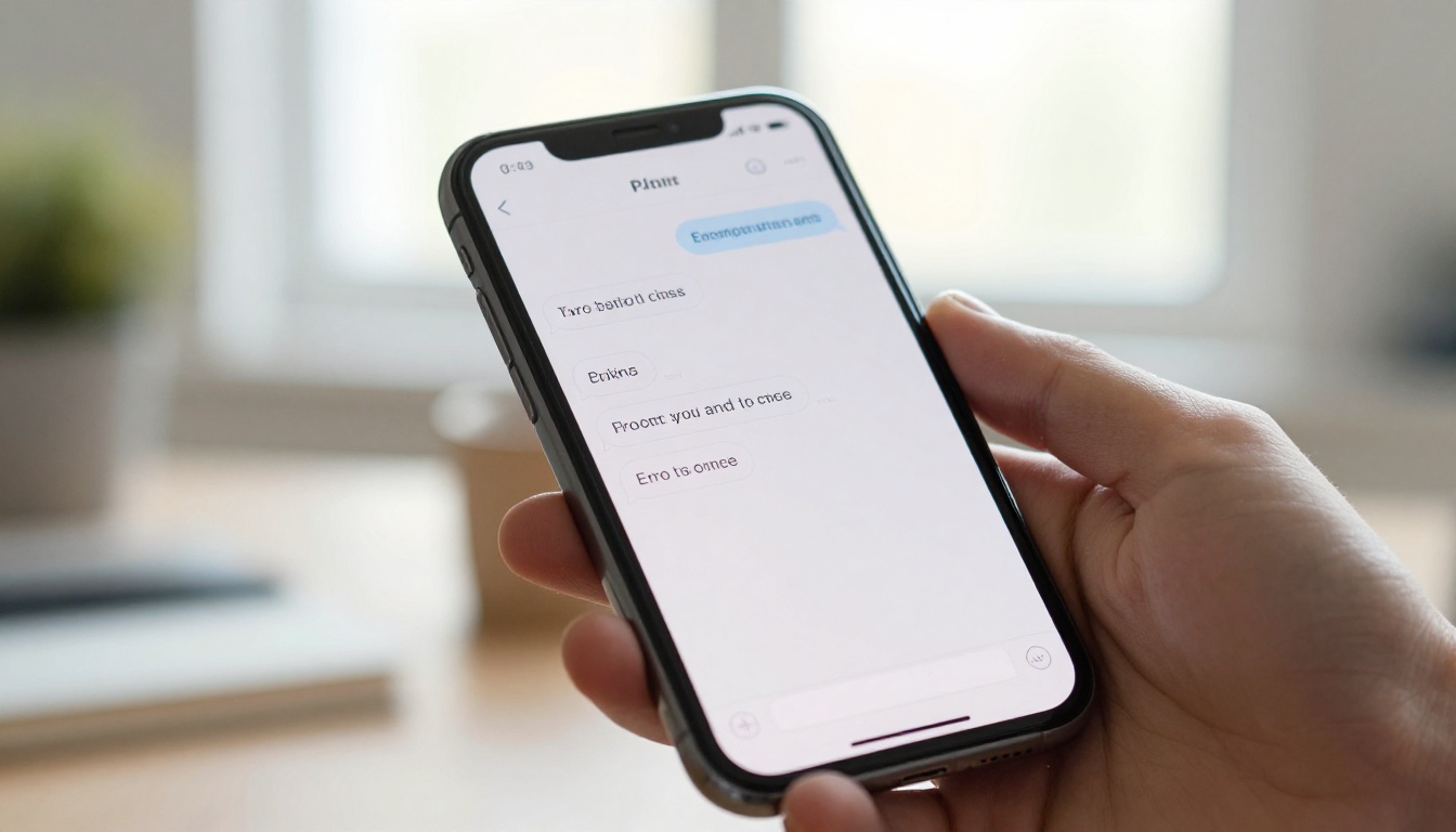 Hands holding a smartphone showing a clean AI chat interface for writing assistance