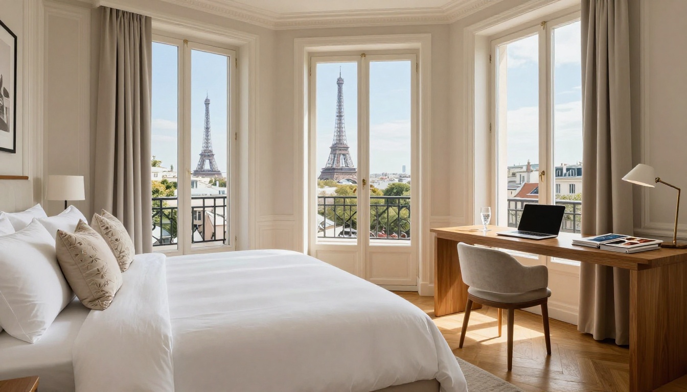 Luxury hotel room with Paris view and Eiffel Tower in distance