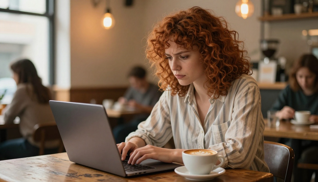 Young professional woman writing her resume on a laptop in a warm coffee shop atmosphere