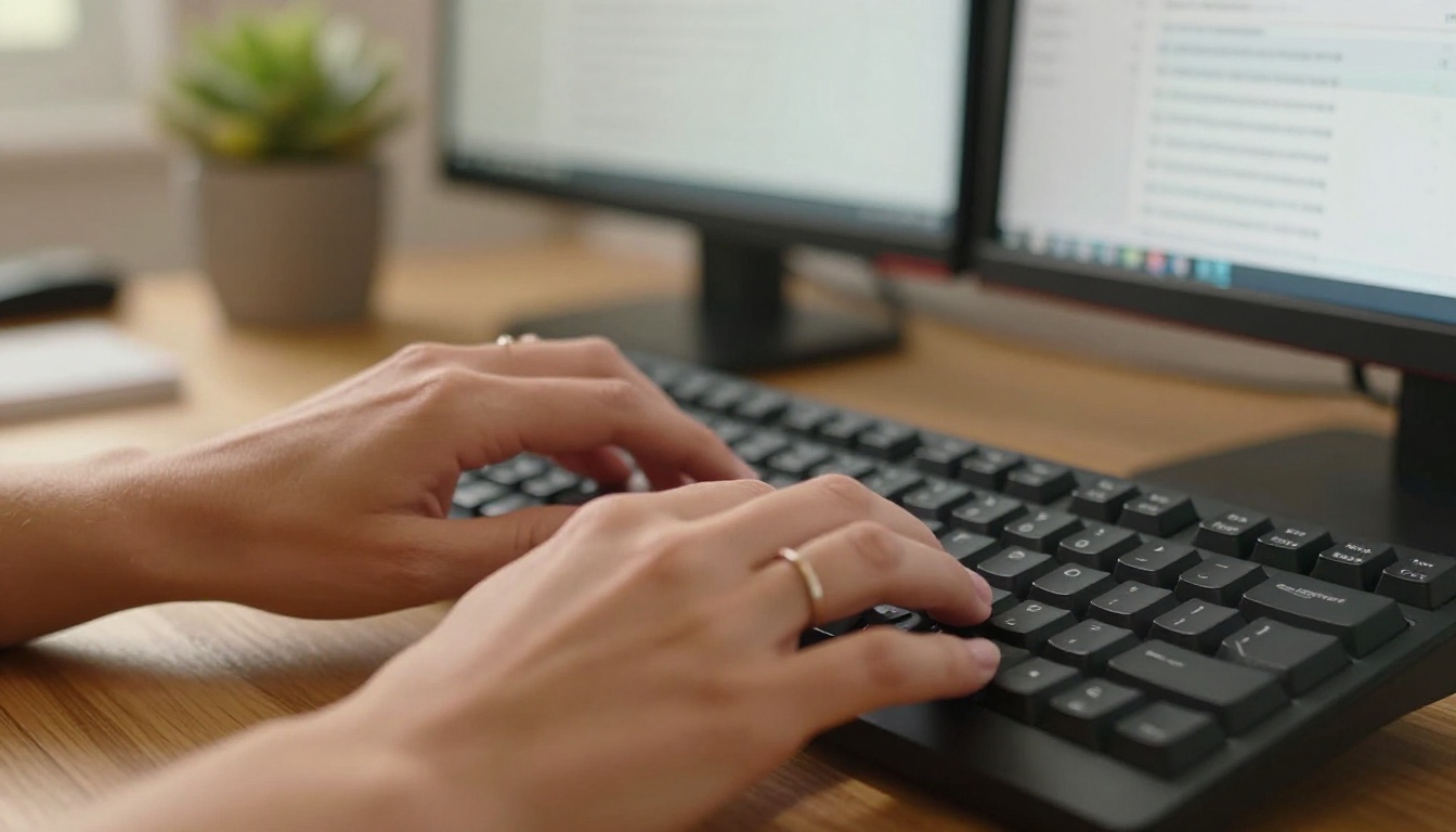 Close-up of hands typing on keyboard with FAQ website visible on dual monitors