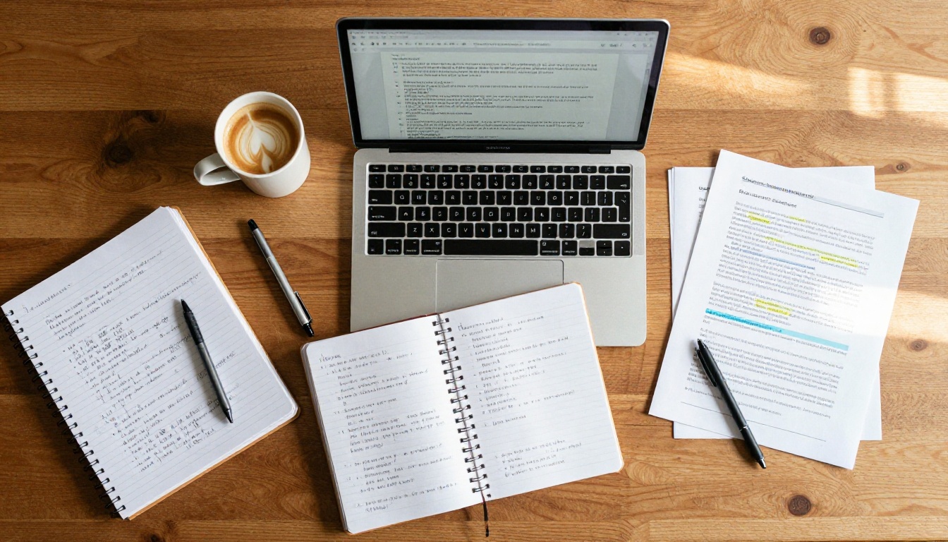 Overhead flat-lay of FAQ planning workspace with notebook and laptop