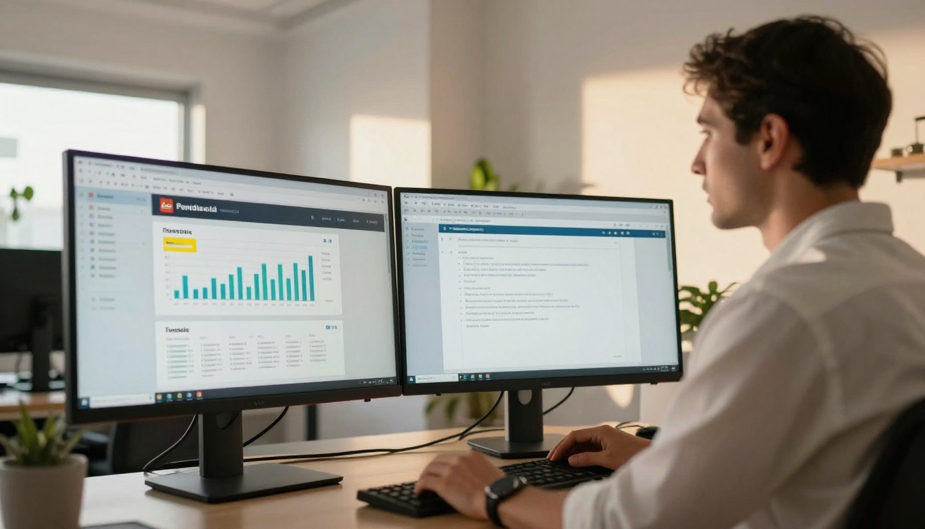 Low-angle view of standing desk with analytics and AI writing tool on dual monitors