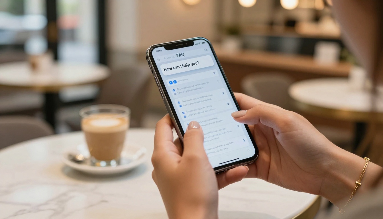 Mobile FAQ chatbot interaction on smartphone in bright cafe setting