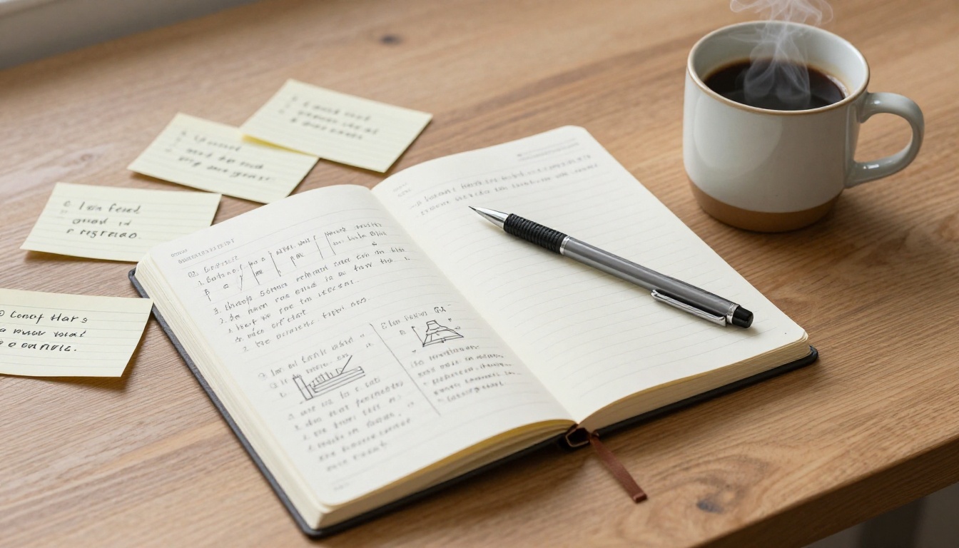 An aerial view of an open notebook filled with handwritten notes and keywords on an oak desk