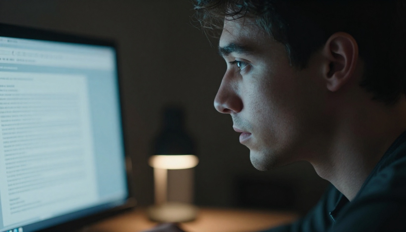 A close-up side profile of a man's face illuminated by a computer monitor in a dim room
