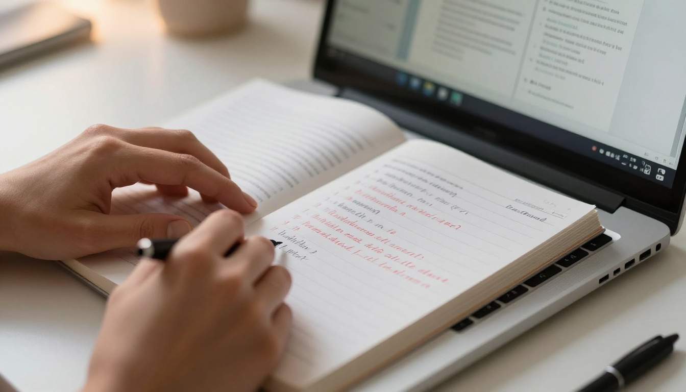 A writer's hands on a mechanical keyboard with a structured chapter outline visible on screen