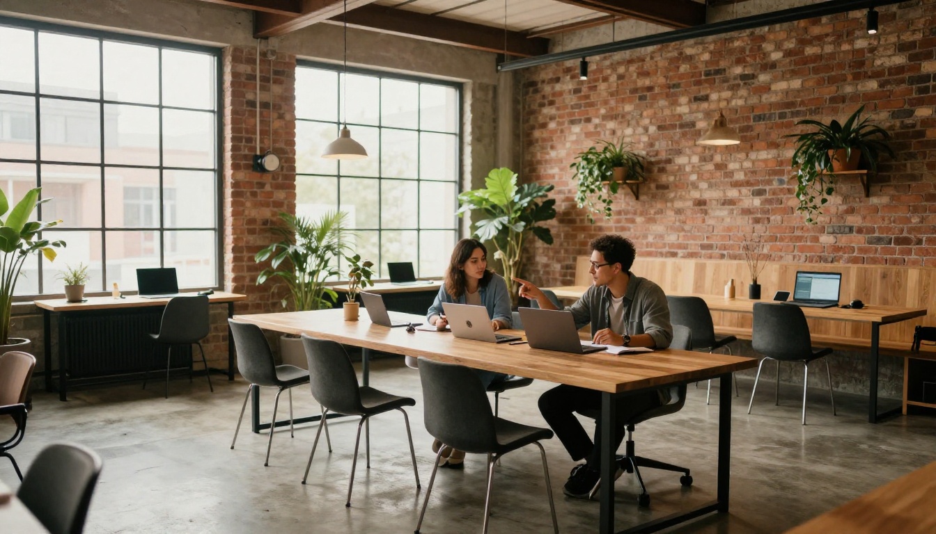 Two professionals collaborating at a communal table in a co-working space with natural daylight