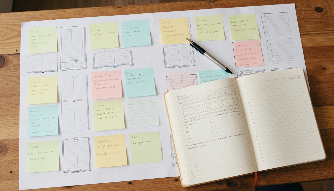 Aerial view of a writer's organized outline spread across multiple pages on a wooden desk