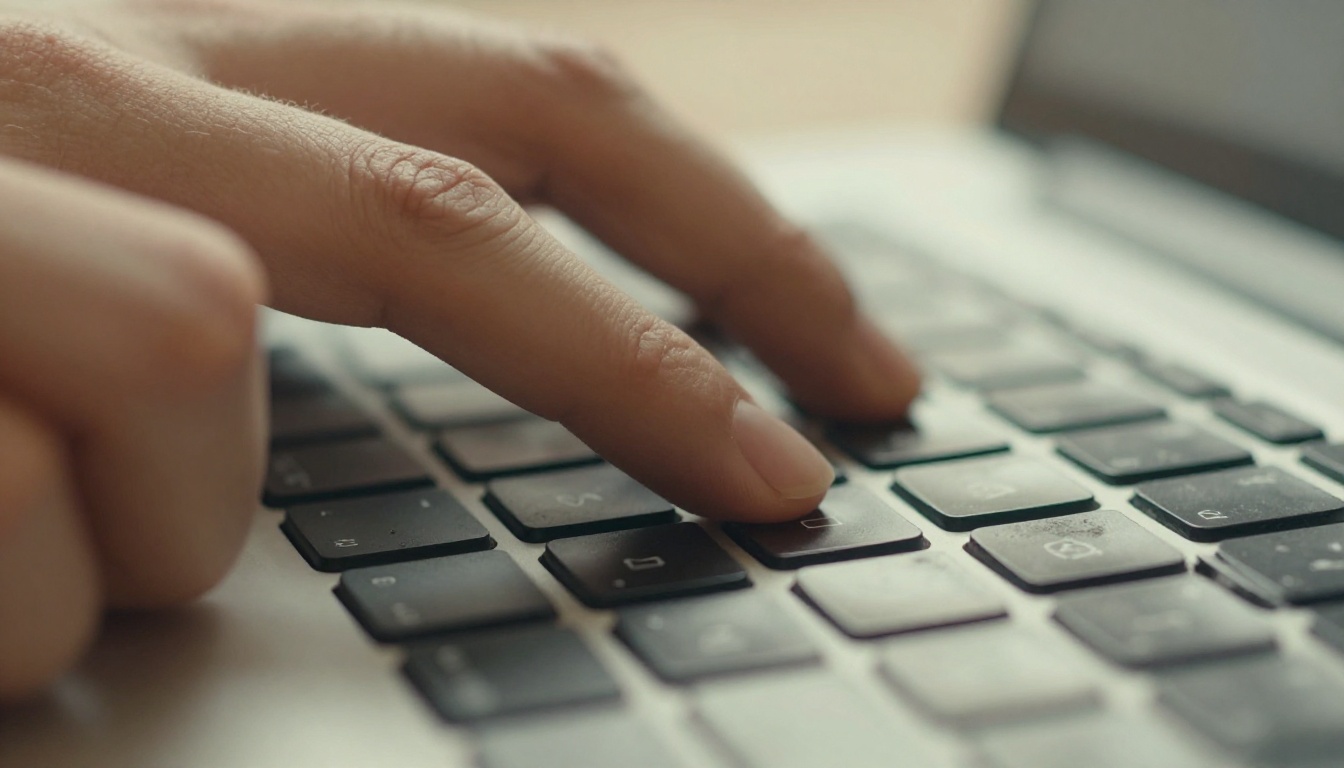 Extreme close-up of fingertips hovering above a laptop keyboard in warm natural side light