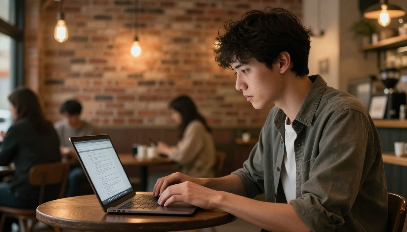 A focused man in a coffee shop working on his novel outline on a laptop