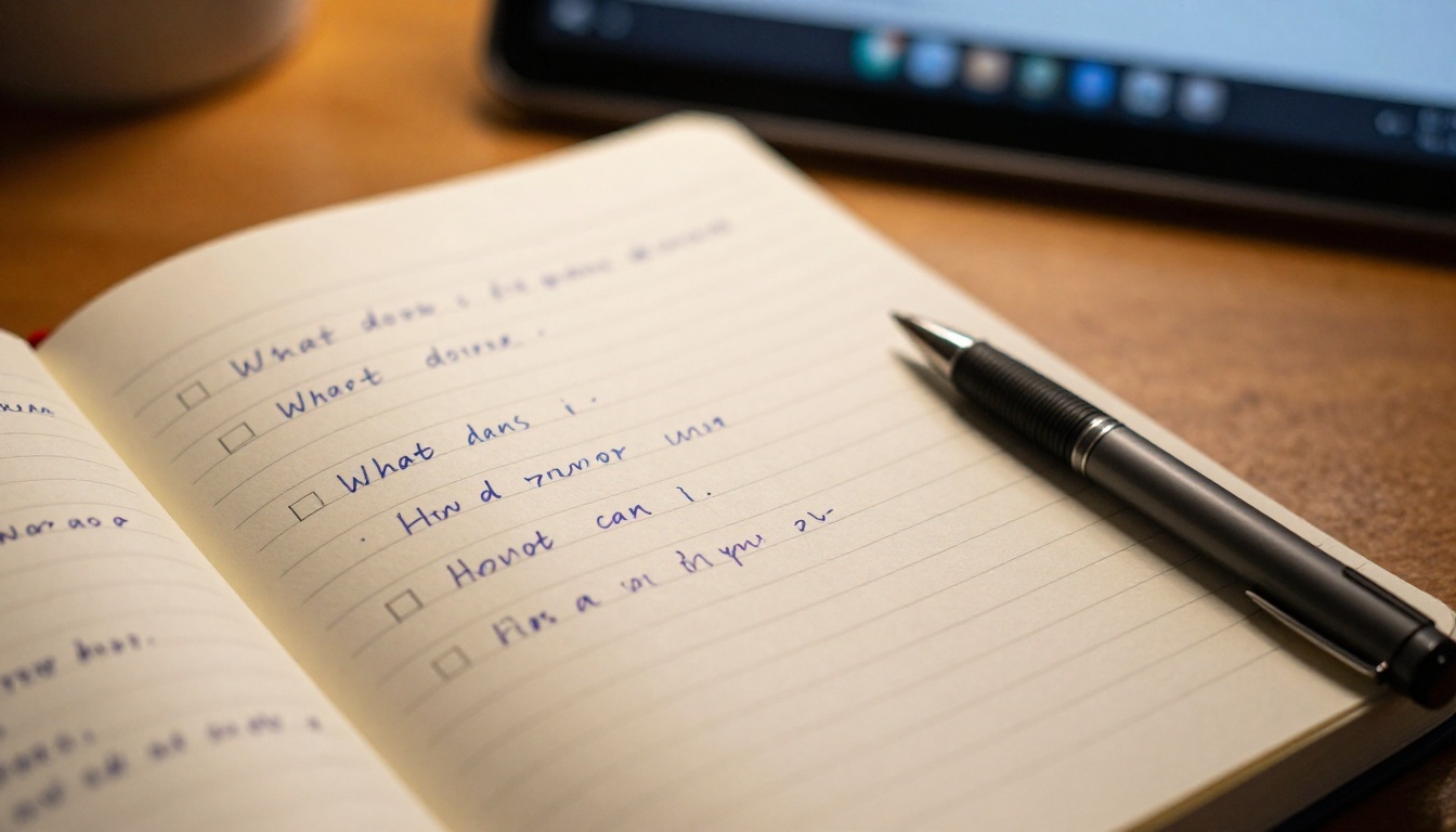 Notebook with handwritten FAQ brainstorming notes and AI interface in background