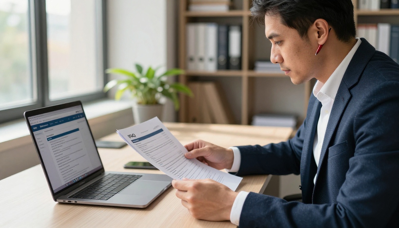 Professional reviewing FAQ documents in a bright corner office