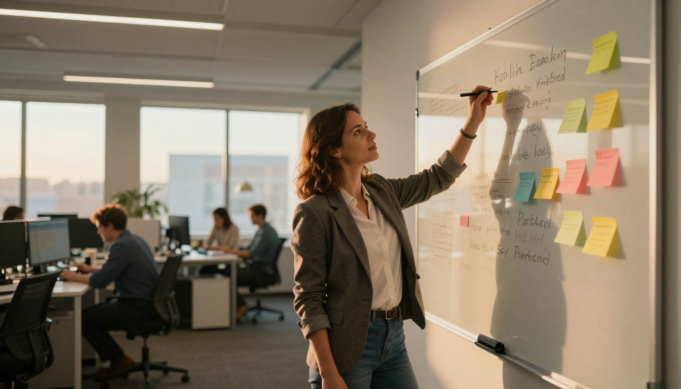 A confident professional woman standing before a glass whiteboard covered in sticky notes and markers