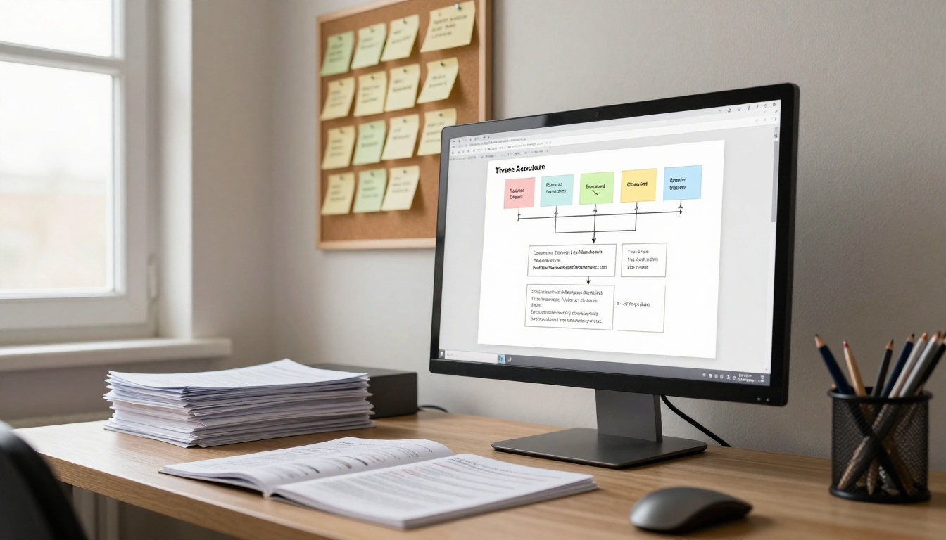 A low-angle view of a home office desk with a three-act story structure diagram on the monitor