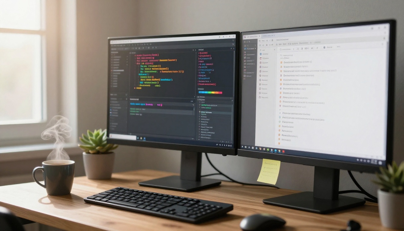A dual-monitor desk setup with morning light, a coffee mug, and paper notes nearby
