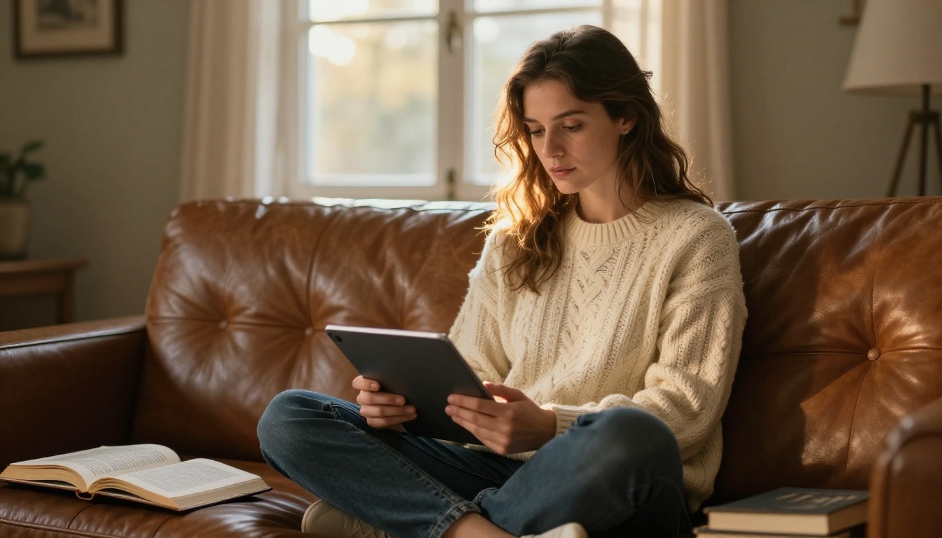 A woman sitting on a sofa reviewing an AI-generated book outline on her tablet