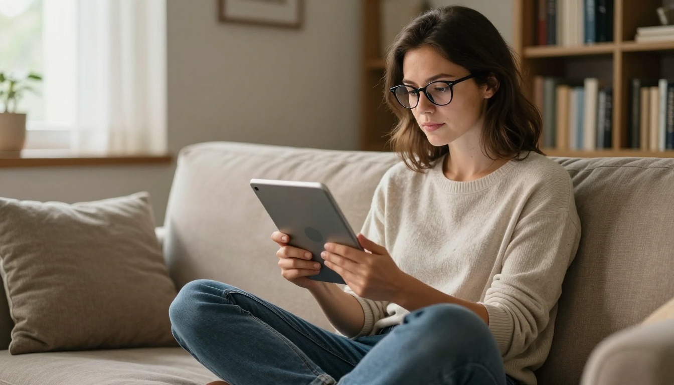 A woman reading intently on a tablet while seated on a comfortable sofa in warm afternoon light