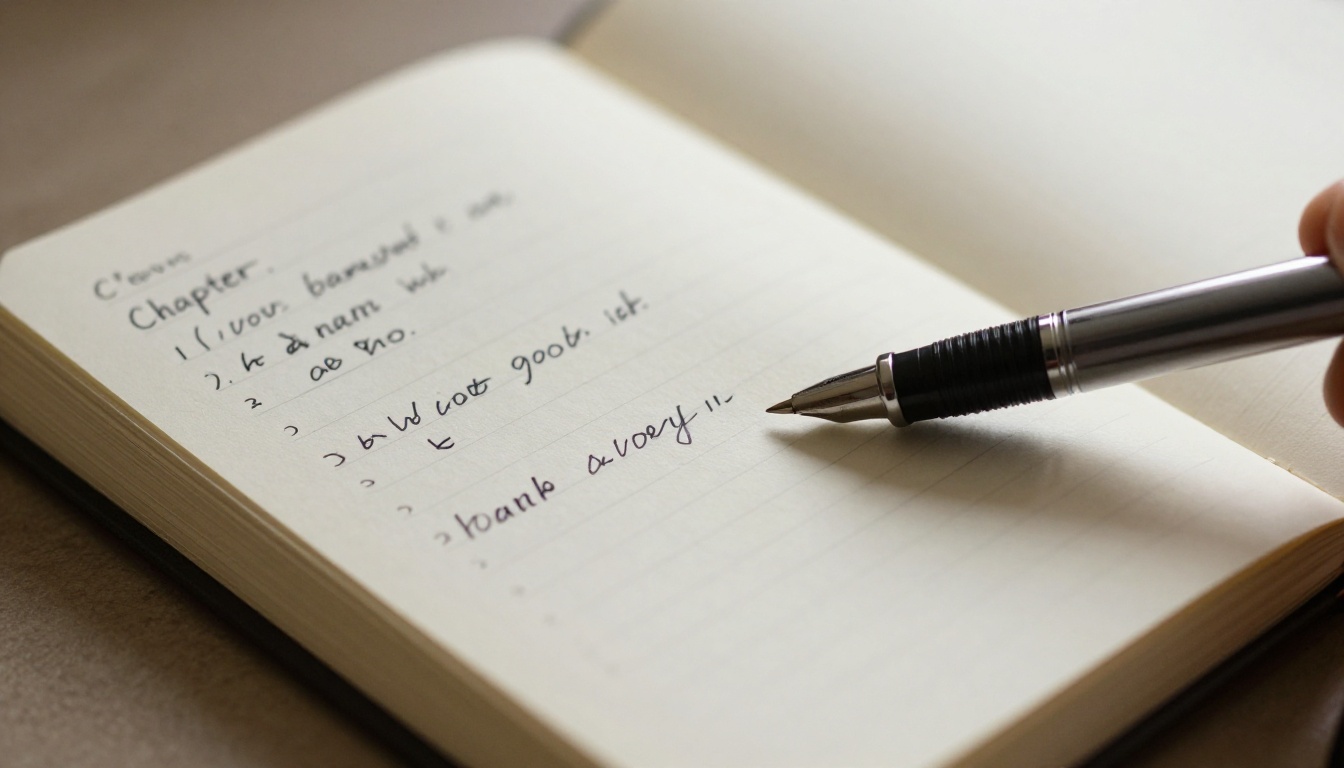 Close-up of a notebook with handwritten chapter notes and plot points visible on the page