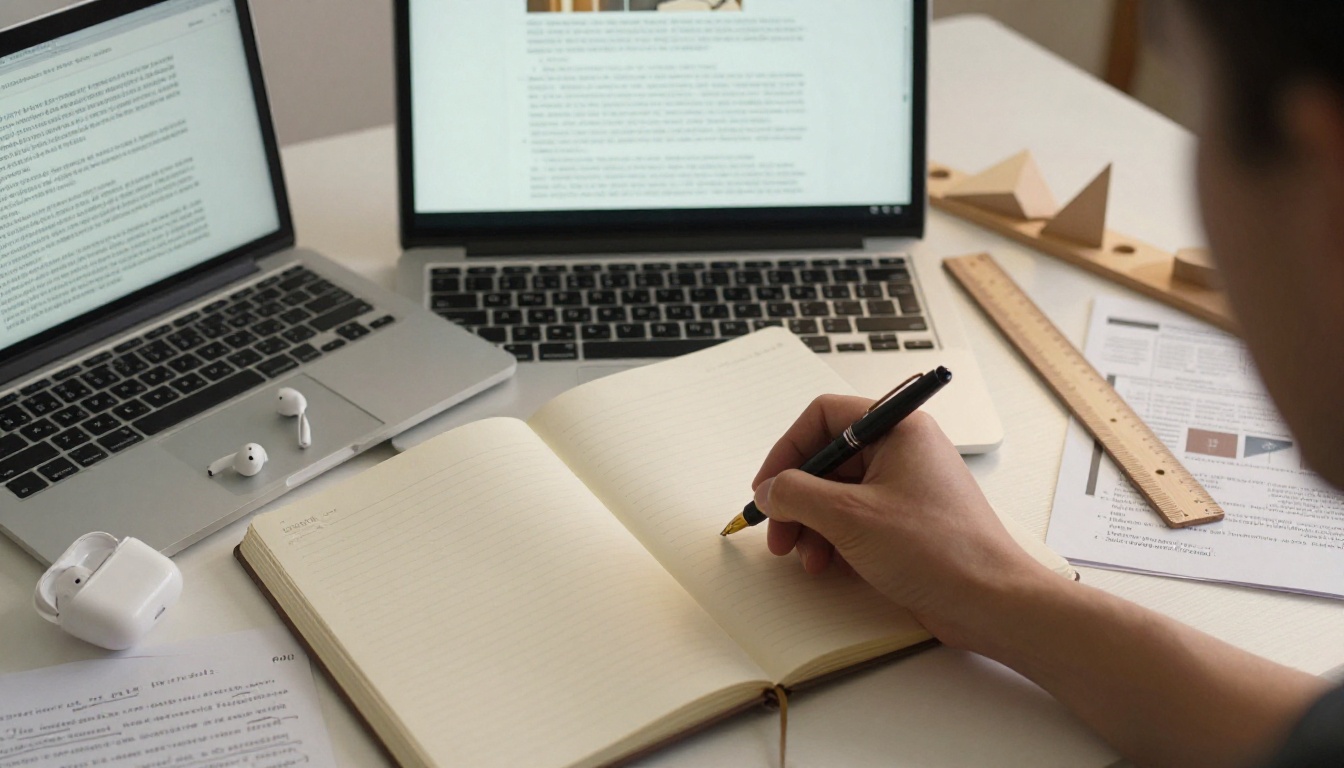 A bird's eye view of a minimal desk workspace with a laptop, journal, fountain pen, and earbuds