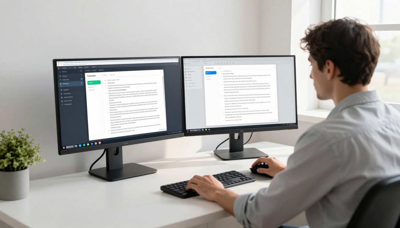 A writer at a standing desk with dual monitors showing an AI chat interface and a book outline document