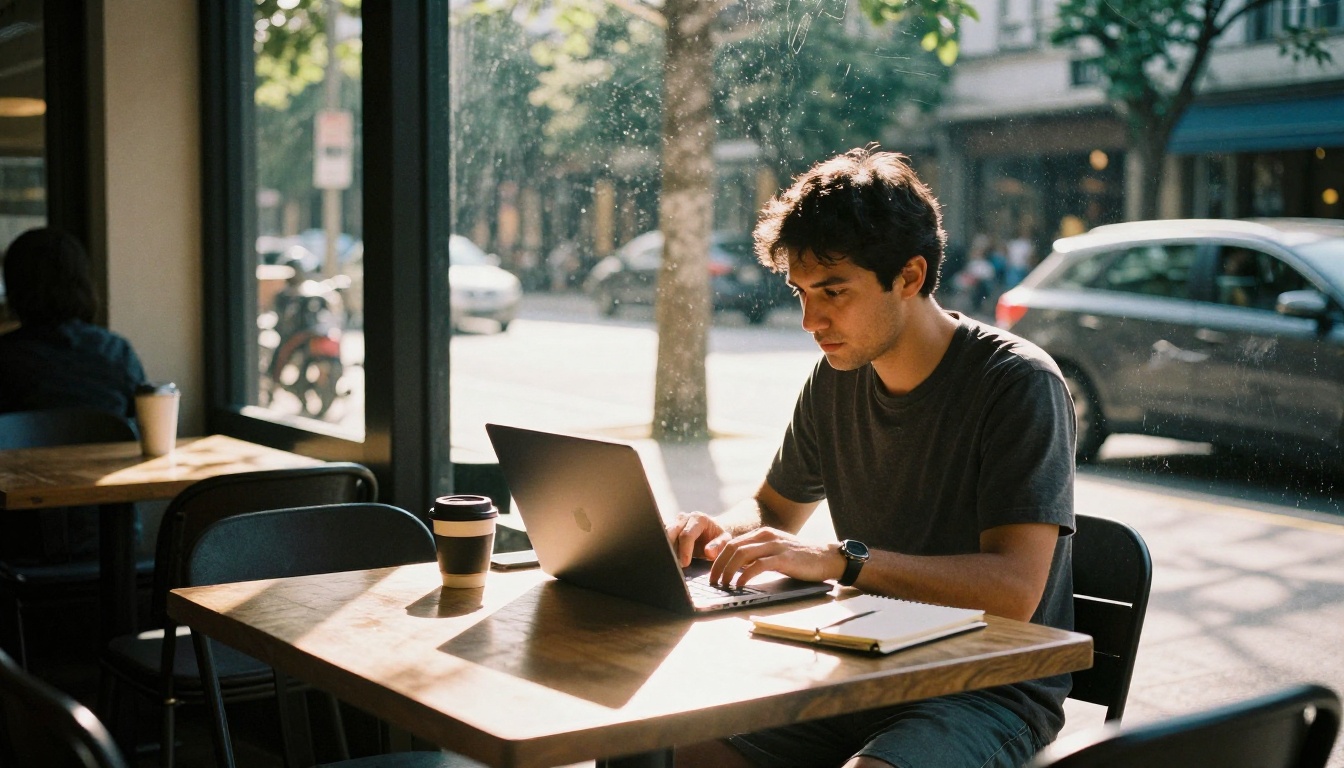 A candid shot through a cafe window of a man typing on a laptop at an outdoor table in warm afternoon light