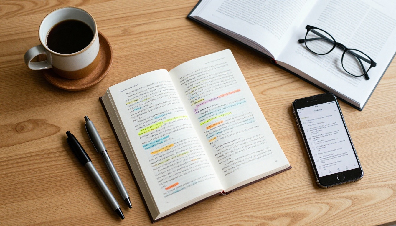 A flat lay of a writer's workspace with a printed outline, colored pens, coffee mug, and reading glasses on an oak table
