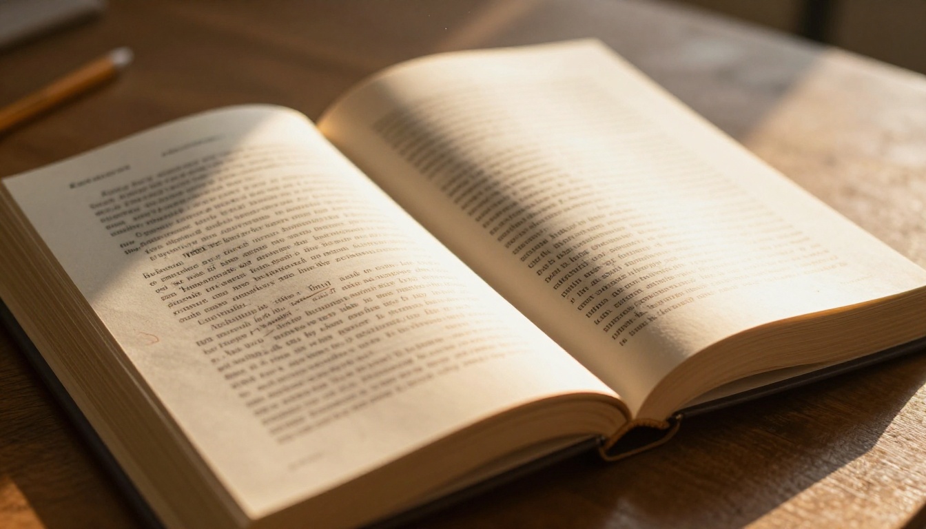 A close-up low-angle shot of an open annotated book with warm golden afternoon sunlight hitting the pages