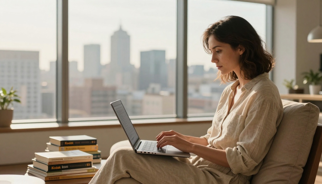 A woman at a bright window seat typing on a laptop with a book outline on screen, city skyline softly blurred behind her